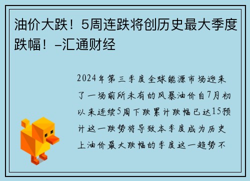 油价大跌！5周连跌将创历史最大季度跌幅！-汇通财经