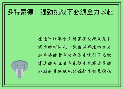 多特蒙德：强劲挑战下必须全力以赴