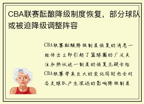 CBA联赛酝酿降级制度恢复，部分球队或被迫降级调整阵容