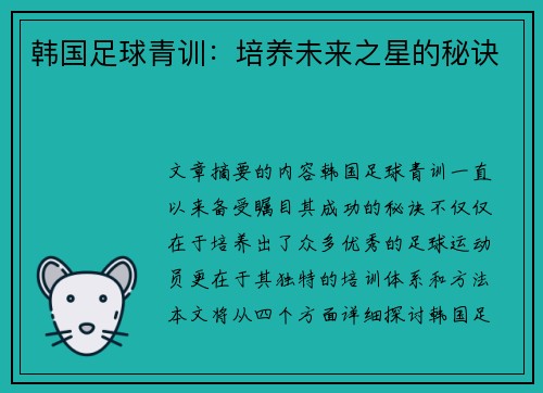 韩国足球青训：培养未来之星的秘诀
