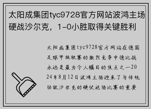太阳成集团tyc9728官方网站波鸿主场硬战沙尔克，1-0小胜取得关键胜利