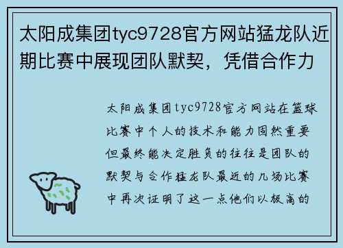 太阳成集团tyc9728官方网站猛龙队近期比赛中展现团队默契，凭借合作力取胜